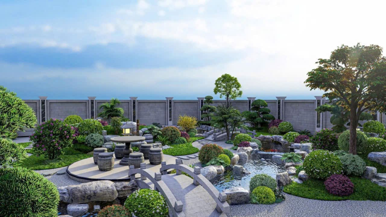 Thi công mặt nước sân vườn với thác nước đá tự nhiên, suối nhỏ và hệ thống chiếu sáng nghệ thuật.