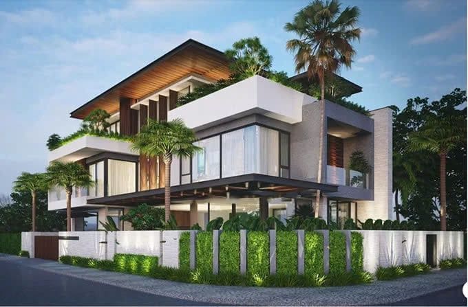 Thiết Kế Sân Vườn Hết Bao Nhiêu Tiền?Thiết Kế Sân Vườn Bao Nhiêu Tiền? Cập Nhật Giá Mới Nhất 2025Thiết Kế Sân Vườn Hết Bao Nhiêu Tiền? 5 Biệt thự hiện đại với thiết kế cảnh quan cây xanh bao quanh tường rào và sân thượng, phối hợp hài hòa giữa kiến trúc và thiên nhiên.