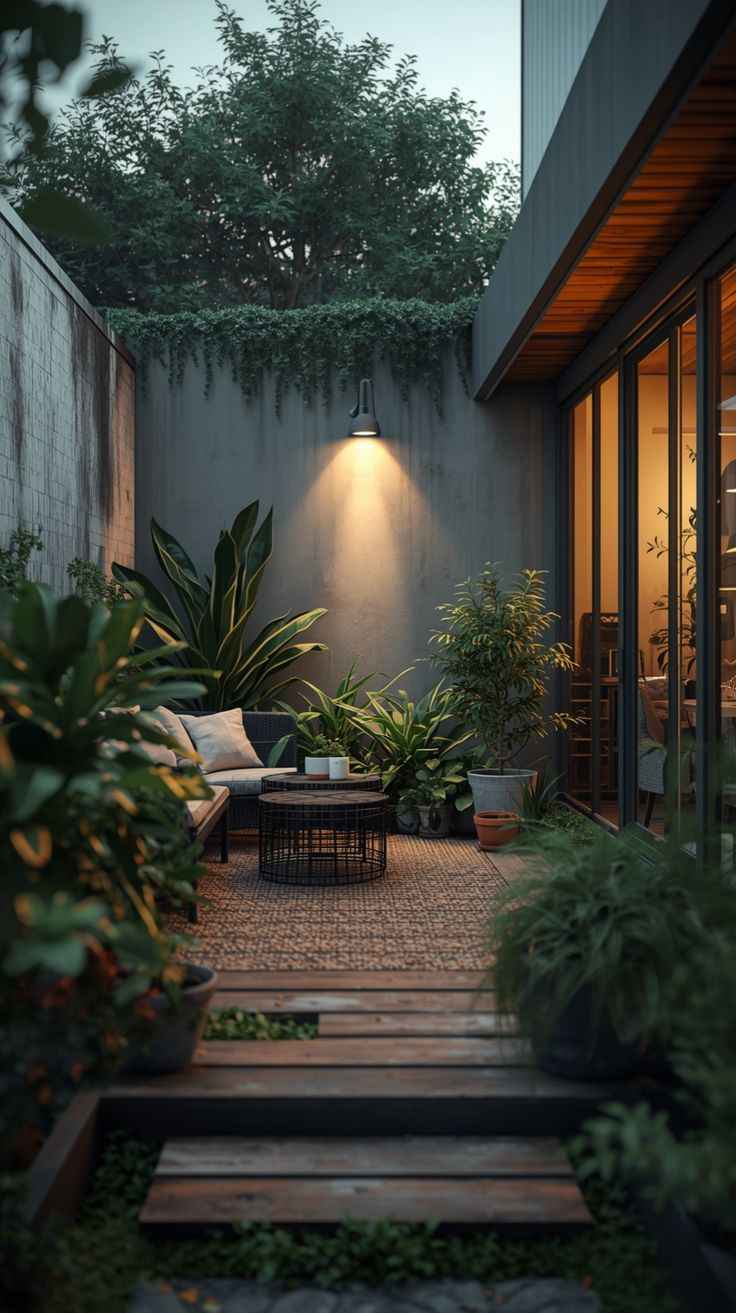 Ánh sáng sân vườn lễ hội tại góc thư giãn nhỏ cạnh nhà