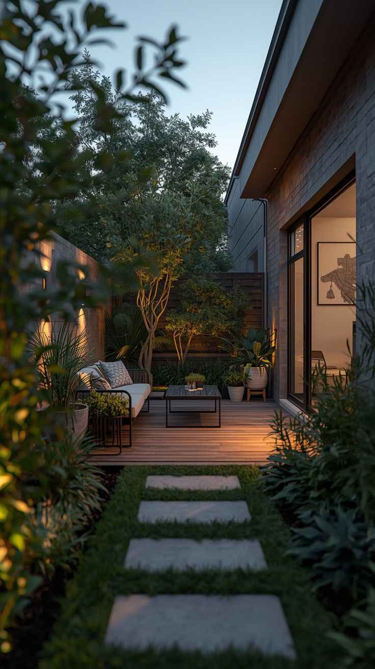 Ánh sáng sân vườn lễ hội tô điểm lối đi và khu ghế ngoài trời