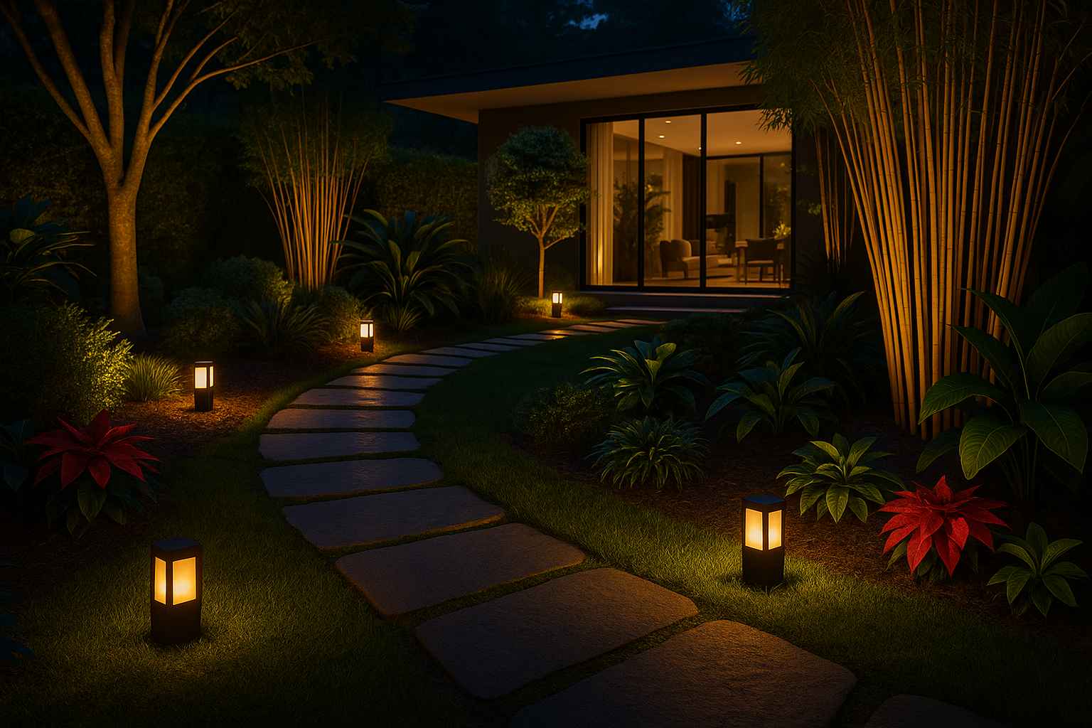 chiếu sáng thông minh cho sân vườn biệt thự hiện đại