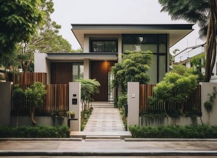 Bảo Trì Cảnh Quan Như Thế Nào Để Khu Vườn Luôn Xanh Đẹp? 2 Nhà hiện đại với lối vào lát đá và cây xanh bao quanh để bảo trì cảnh quan như thế nào