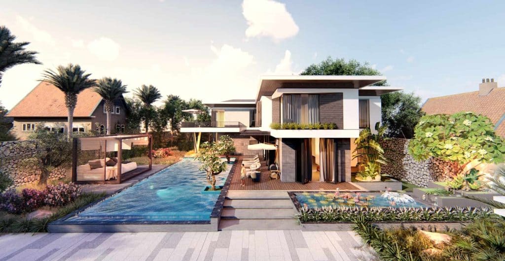 Cảnh quan biệt thự với hồ bơi hiện đại, cây xanh nhiệt đới và không gian thư giãn ngoài trời.