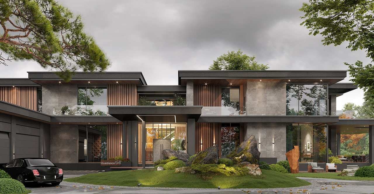 Biệt thự kiểu Nhật hiện đại có sân vườn đẹp với tiểu cảnh đá và thảm cỏ xanh.