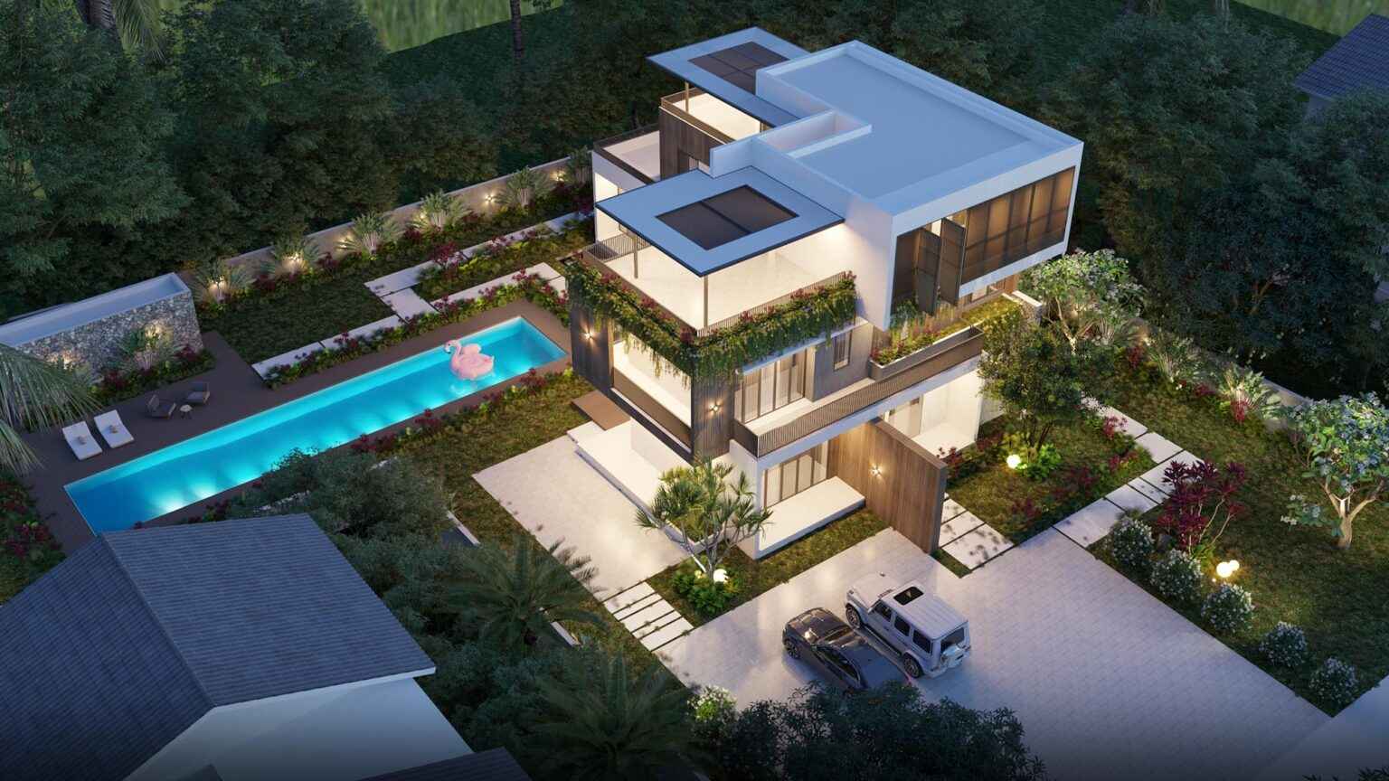 Biệt thự hiện đại với cảnh quan biệt thự nghỉ dưỡng gồm hồ bơi dài, cây xanh và sân vườn được chiếu sáng nhẹ nhàng về đêm.
