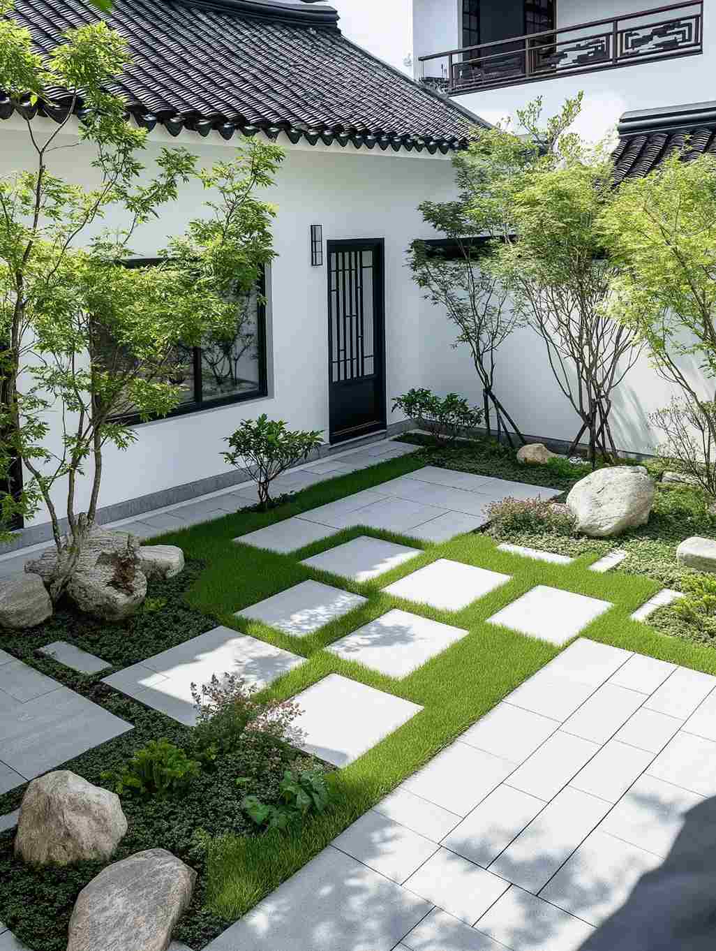 Biệt thự sân vườn ở quê phong cách Á Đông với sân lát đá và cây xanh
