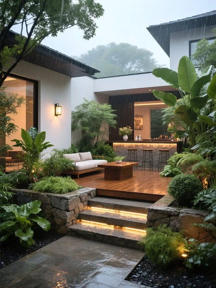 Bố Cục Sân Vườn Kiểu Resort: Cảnh Quan Nghỉ Dưỡng Đẳng Cấp 2 Sân vườn biệt thự phong cách resort với ghế sofa ngoài trời và cây nhiệt đới