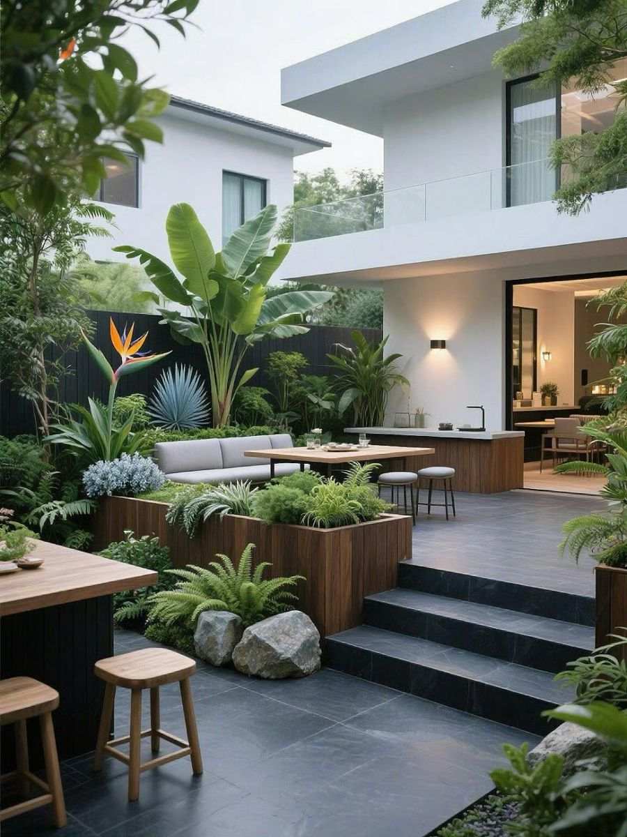 Bố Cục Sân Vườn Kiểu Resort: Cảnh Quan Nghỉ Dưỡng Đẳng Cấp 3 Thiết kế sân vườn kiểu resort với bàn ghế gỗ và cây cảnh xanh mát