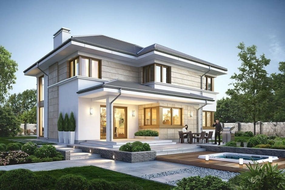 Biệt thự hai tầng có sân vườn phong thủy với cây xanh, tiểu cảnh nước và lối đi lát đá cân bằng âm dương