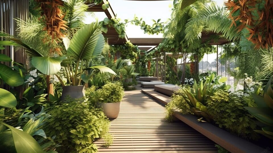 Sân vườn biệt thự nhiệt đới hiện đại với cây bóng mát và bố cục phân tầng cây xanh tạo bóng râm tự nhiên