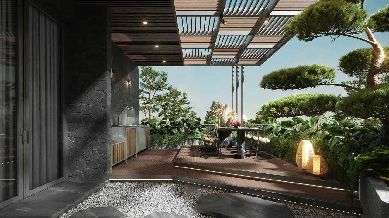 Cảnh Quan Sân Thượng Biệt Thự: Bí Quyết Tạo Không Gian Trên Cao Đẹp Như Mơ 3 Cảnh quan sân thượng biệt thự phong cách Nhật với bàn ăn và bếp ngoài trời