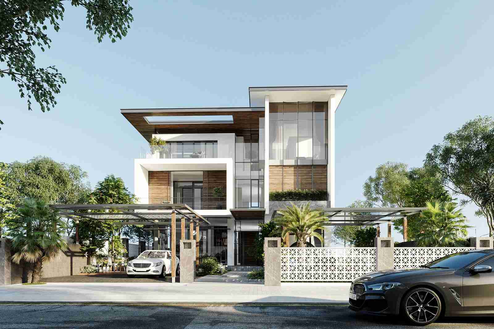 Cảnh Quan Villa Phố – Bí Quyết Để Không Gian Chật Vẫn Đẹp Như Resort 3 cảnh quan villa phố mặt tiền đẹp với cây xanh, giàn che kính và thiết kế hiện đại