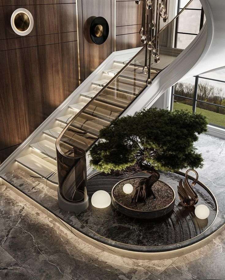 Cầu Thang Kính: Khi Ánh Sáng Và Cảnh Quan Gắn Kết Không Gian Sống 3 Cầu thang kính kết hợp tiểu cảnh sang trọng trong biệt thự