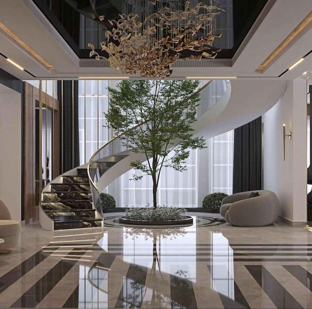 Cầu thang kính hiện đại kết hợp cây xanh trang trí biệt thự