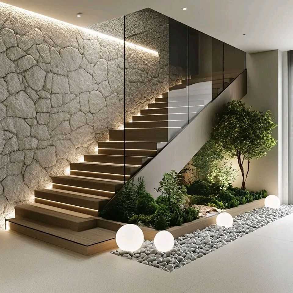 Cầu Thang Kính: Khi Ánh Sáng Và Cảnh Quan Gắn Kết Không Gian Sống 4 Cầu thang kính kết hợp tiểu cảnh đá và cây xanh sang trọng