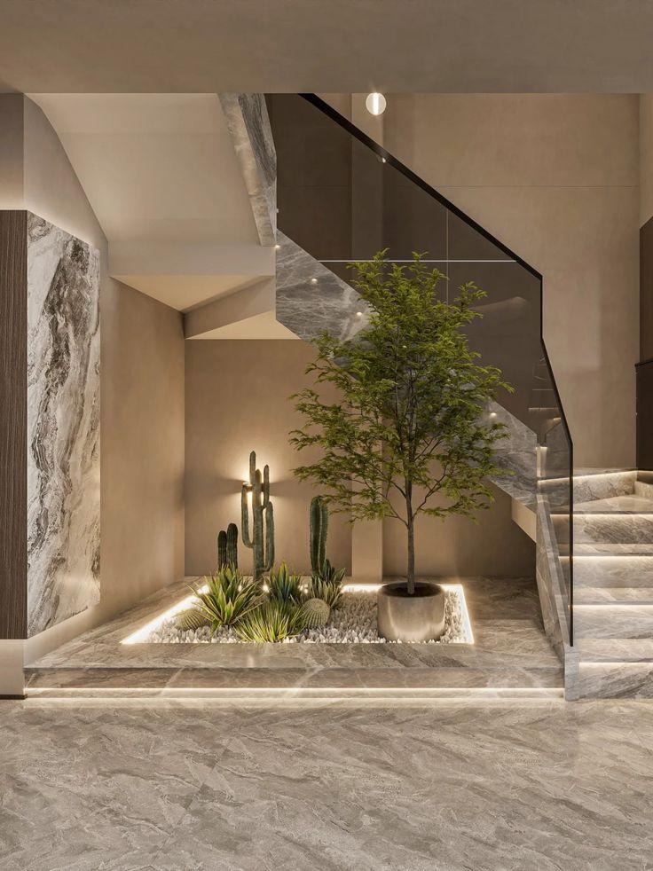 Cầu Thang Kính: Khi Ánh Sáng Và Cảnh Quan Gắn Kết Không Gian Sống 5 Cầu thang kính hiện đại với tiểu cảnh cây xanh trong biệt thự