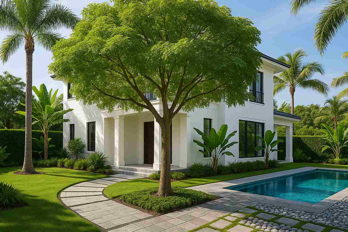 Sân vườn biệt thự hiện đại với cây bóng mát và hồ bơi xanh