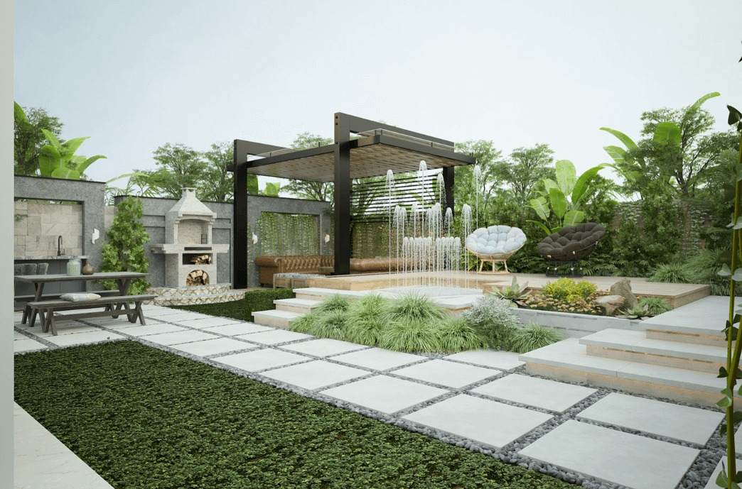 Cây Cảnh Bản Địa – Giải Pháp Cảnh Quan Thân Thiện, Bền Vững Và Ít Tốn Công 4 Sân vườn biệt thự 80m² trồng cây cảnh bản địa với lối đi đá bazan, khu trà đạo và pergola hiện đại