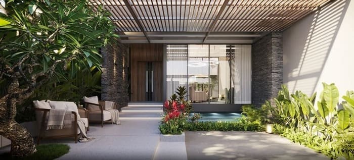 Sân vườn biệt thự thiết kế hiện đại sử dụng cây cảnh bản địa để tạo bóng mát và điểm nhấn thẩm mỹ