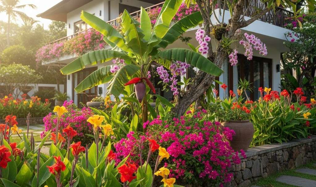 Cây hoa nhiệt đới rực rỡ trong sân vườn biệt thự Việt Nam