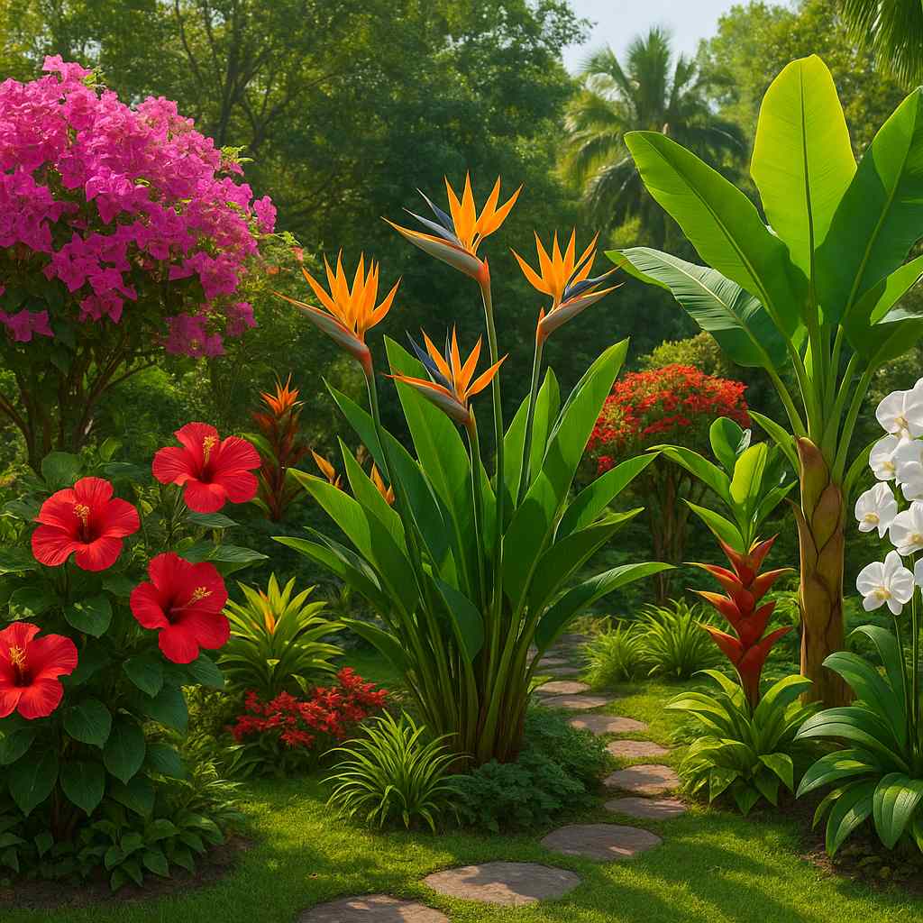 Cảnh quan sân vườn hoa nhiệt đới với thiên điểu và dâm bụt