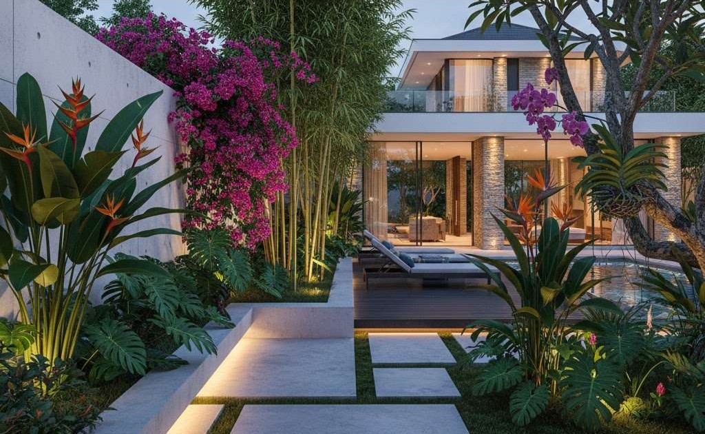 Sân vườn biệt thự hiện đại trồng hoa nhiệt đới rực rỡ