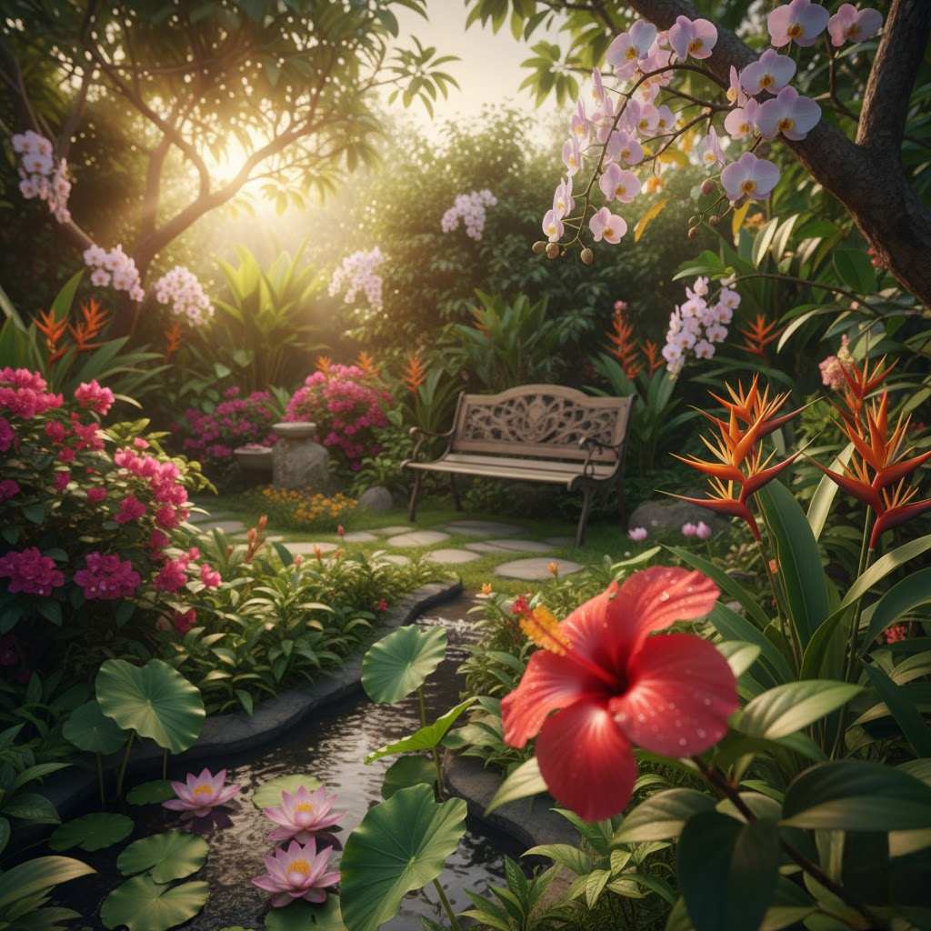 Khu vườn nhiệt đới với hoa lan, thiên điểu và dâm bụt