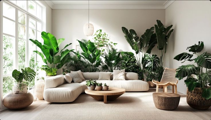 Không gian nội thất với cây lá lớn tạo cảm giác xanh mát tự nhiên