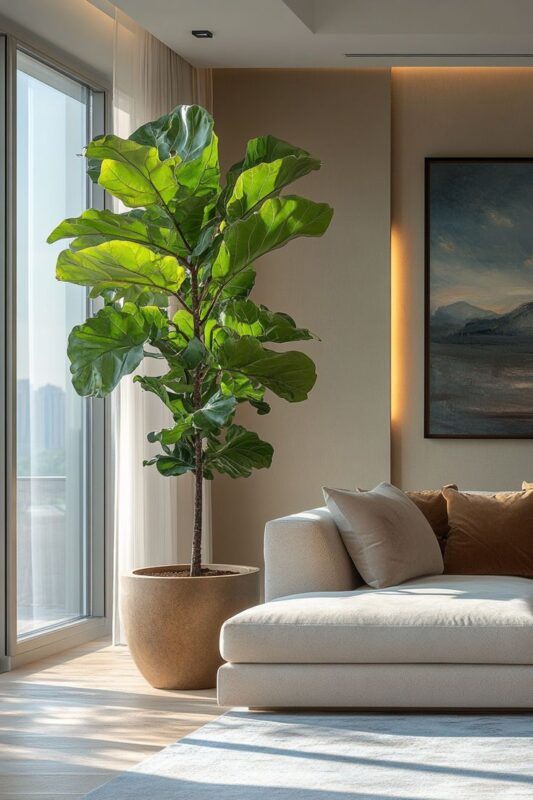 Cây lá lớn đặt cạnh sofa giúp phòng khách thêm sinh động