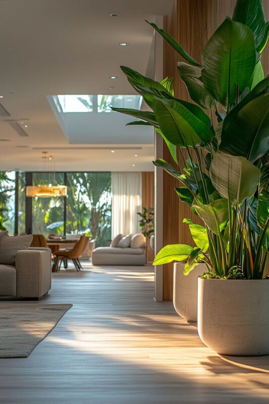 Cây lá lớn trồng trong chậu tạo chiều sâu cho không gian mở