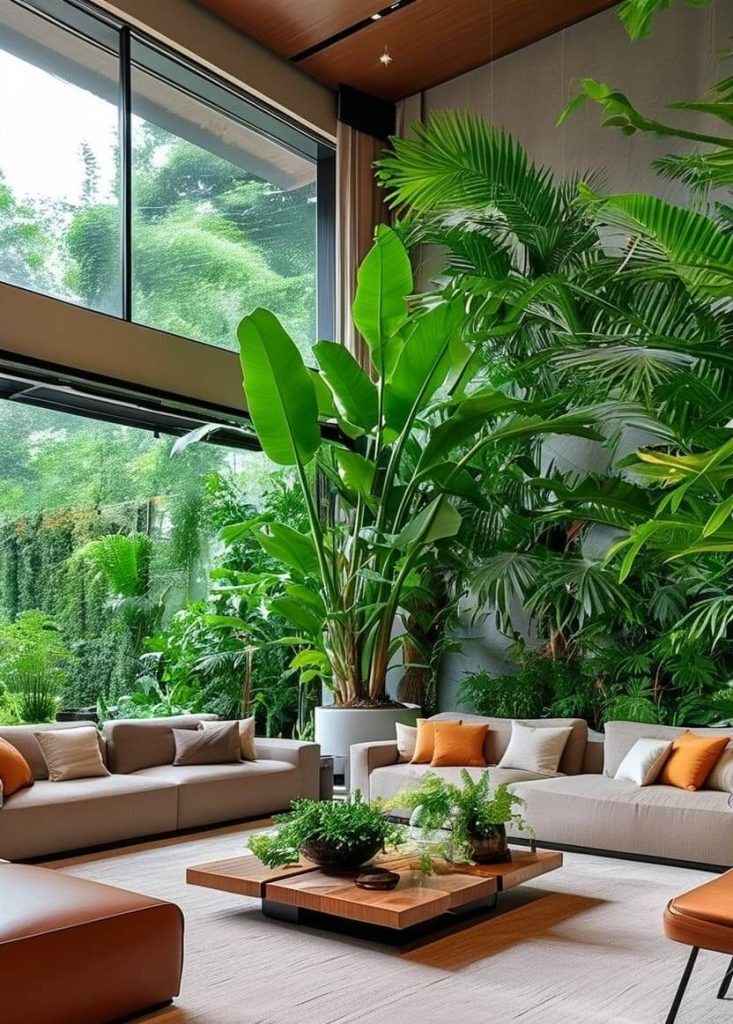 Bố trí cây lá lớn trong phòng khách phong cách nhiệt đới