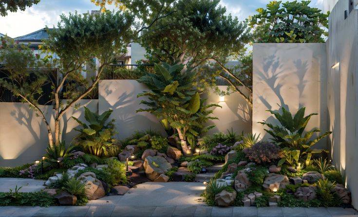 Top Những Cây Phong Cách Tropical Biến Vườn Nhà Thành Khu Nghỉ Dưỡng 4 Sân vườn tropical với cây xanh, đá tự nhiên và ánh sáng chiếu hắt nghệ thuật