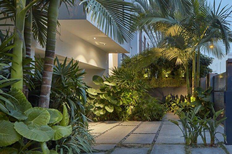 Top Những Cây Phong Cách Tropical Biến Vườn Nhà Thành Khu Nghỉ Dưỡng 3 Sân vườn biệt thự với cây lá lớn phong cách tropical và lối đi lát đá