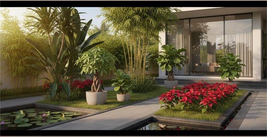 Sân vườn năm mới phong thủy với cây tài lộc và hồ nước mini