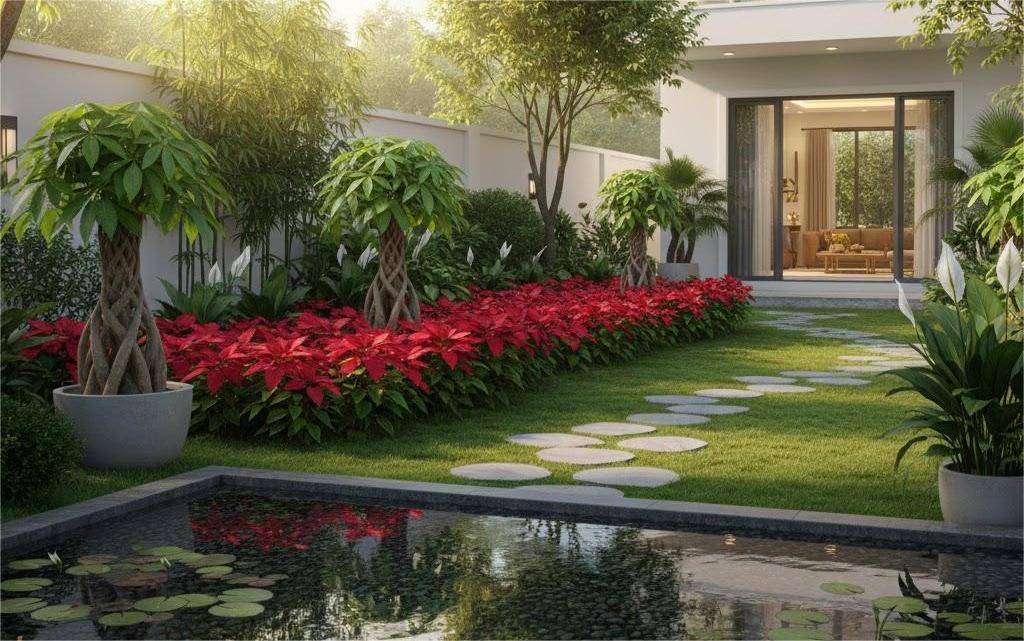Cây Phong Thủy: Linh Hồn Mang Vượng Khí Cho Phong Thủy Sân Vườn 2 Bố trí cây tài lộc phong thủy trước nhà biệt thự hiện đại