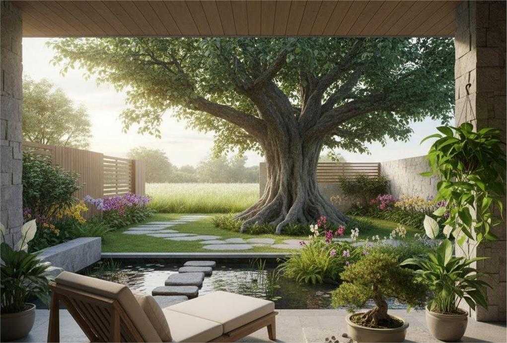 Cây Phong Thủy: Linh Hồn Mang Vượng Khí Cho Phong Thủy Sân Vườn 4 Góc sân vườn phong thủy yên bình với cây cổ thụ và hồ cá koi