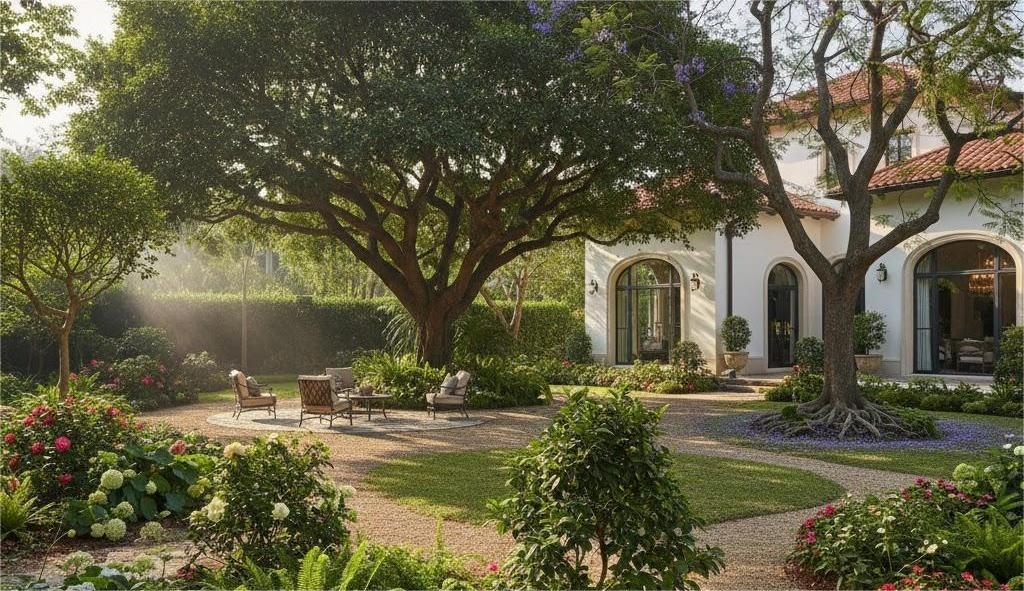 Cây tạo bóng mát sân vườn bên hồ bơi biệt thự