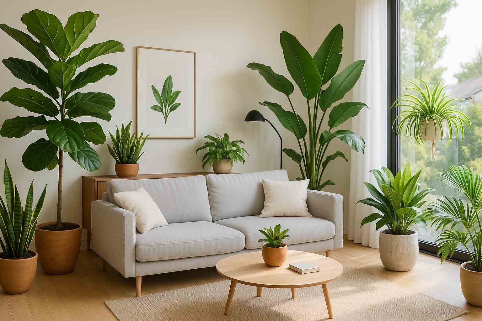 Cây xanh lọc không khí trong phòng khách hiện đại