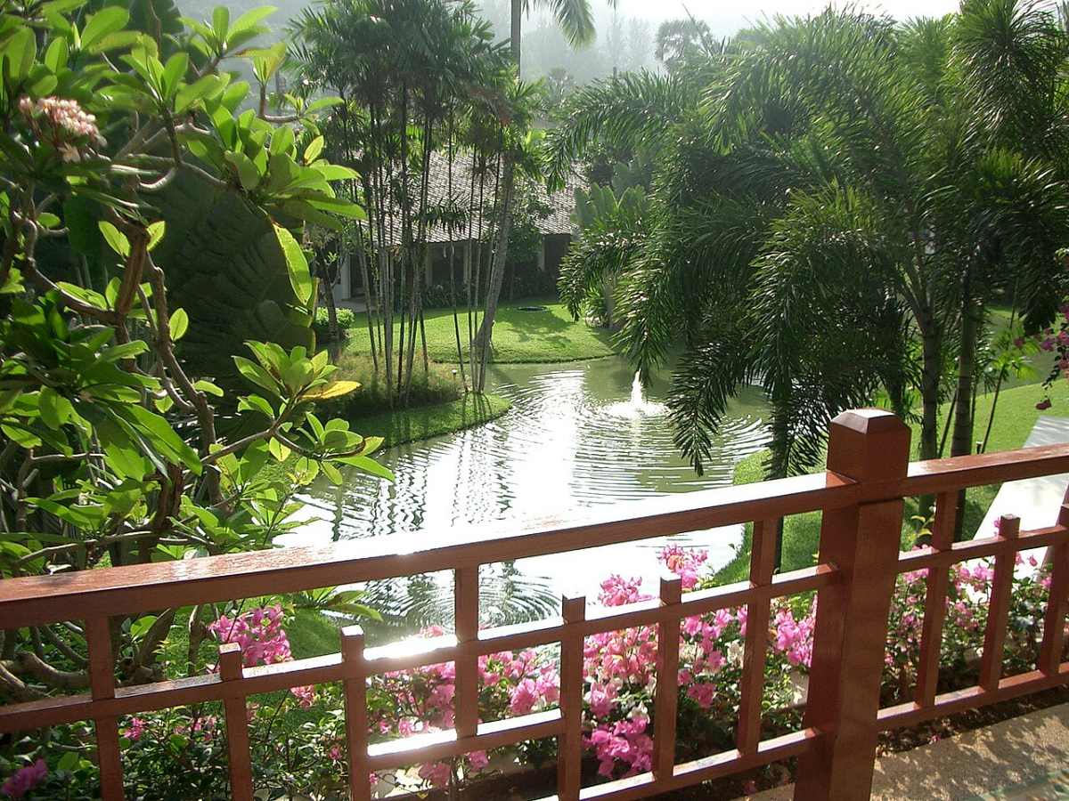 Thiết Kế Sân Vườn Villa Nghỉ Dưỡng: 8 Nguyên Tắc Đẹp Như Resort 2026 3 Cây xanh nhiều tầng tán quanh mặt nước trong sân vườn resort
