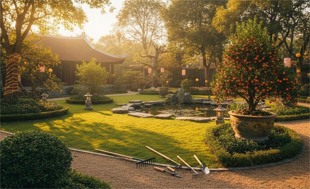 Không gian chăm sóc sân vườn cuối năm với cây cảnh và hồ nước thư giãn