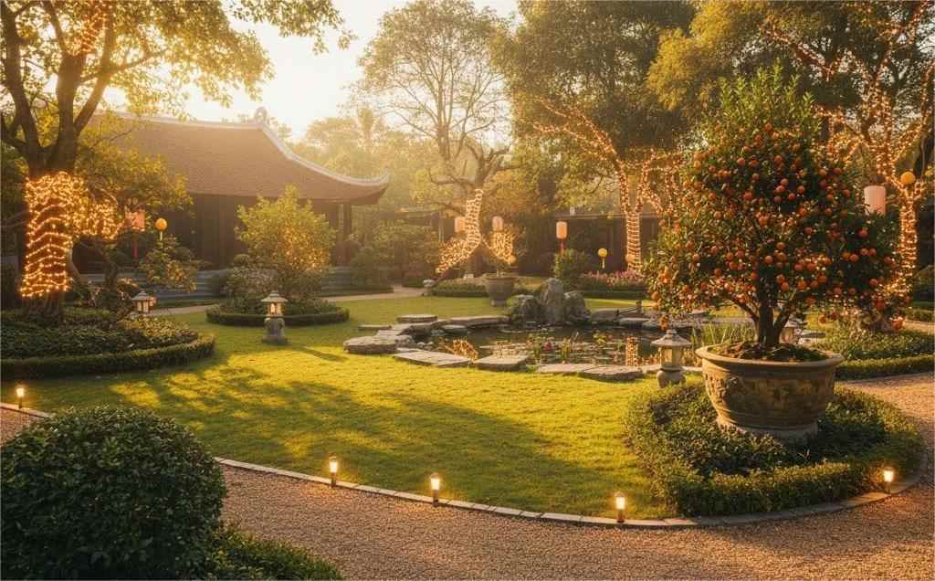 Chăm Sóc Sân Vườn Cuối Năm Để Đón Tết Bình An Và Tươi Mới 3 Sân vườn được chăm sóc cuối năm với đèn trang trí và cây cảnh tỉa gọn