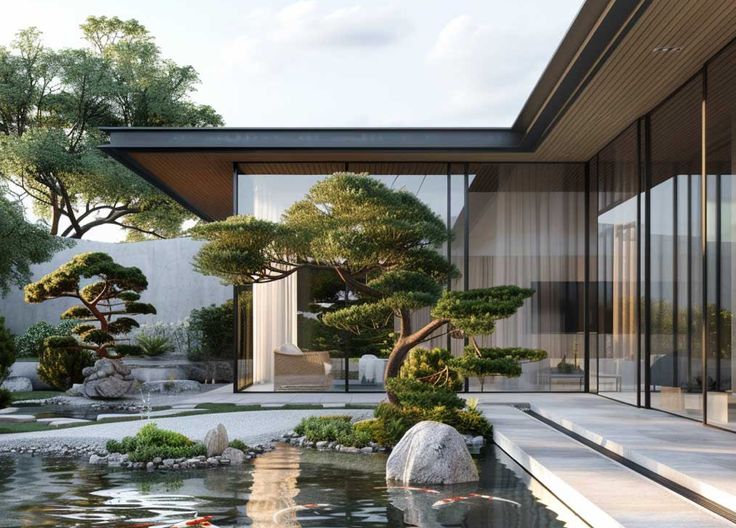 Chi Phí Thiết Kế Cảnh Quan Biệt Thự Có Thực Sự Đắt Đỏ? 2 Hồ cá và bonsai sân vườn biệt thự theo đúng quy trình thiết kế cảnh quan, chi phí thiết kế cảnh quan