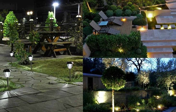 Chiếu sáng sân vườn ban đêm với đèn cắm lối đi, đèn hắt gốc cây và đèn âm bậc thang tạo không gian ấm cúng và an toàn.
