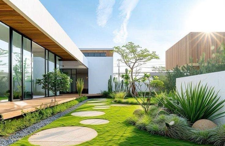 Chọn Cây Cảnh Quan Hài Hòa Cho Không Gian Biệt Thự Xanh Mát 2 Chọn cây cảnh quan sân vườn hiện đại với lối đi đá tròn trên thảm cỏ xanh