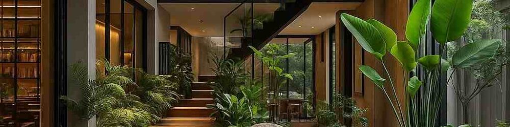 Sân vườn Tropical mùa đông trong nhà với tiểu cảnh đá