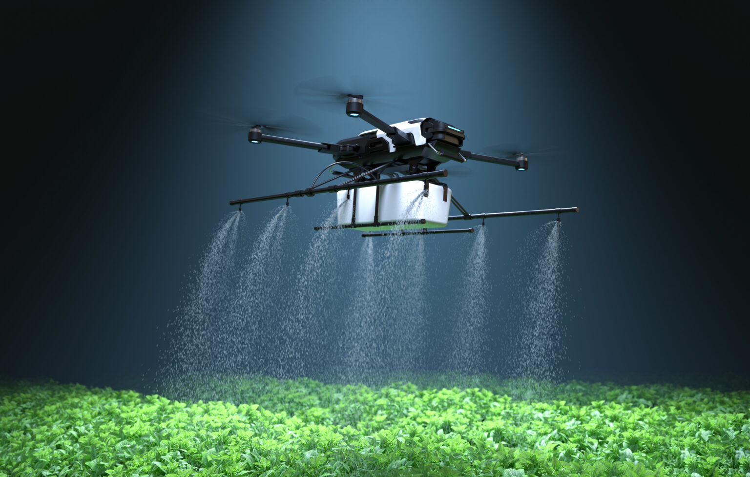 Drone phun tưới tự động cho cánh đồng rau xanh bằng hệ thống phun sương hiện đại.