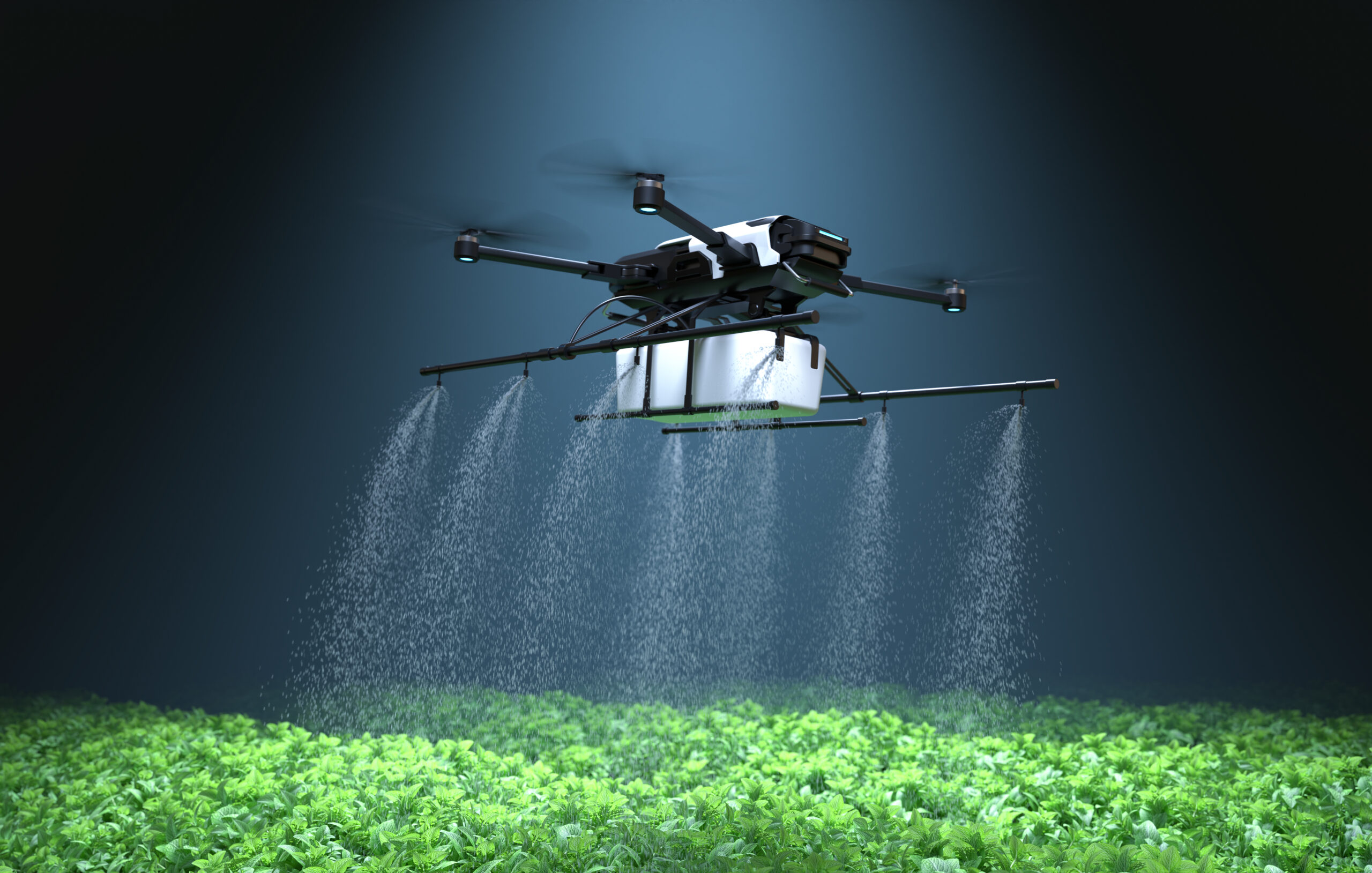 Drone phun tưới tự động cho cánh đồng rau xanh bằng hệ thống phun sương hiện đại.