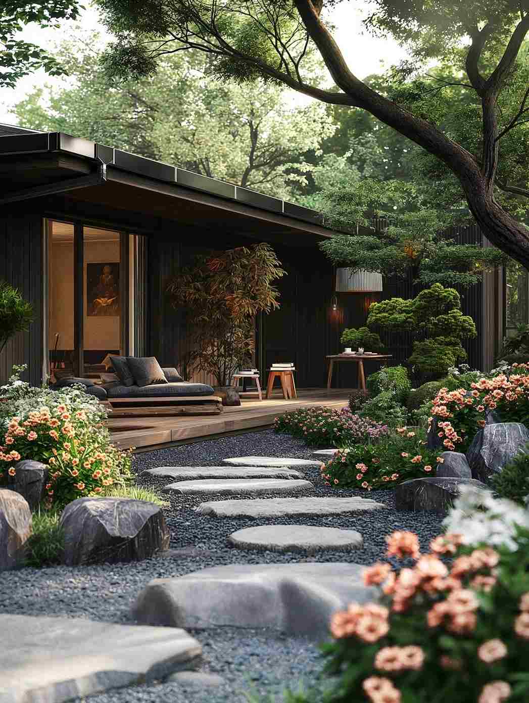 Góc đọc sách trong vườn yên tĩnh với lối đi lát đá và hoa nở