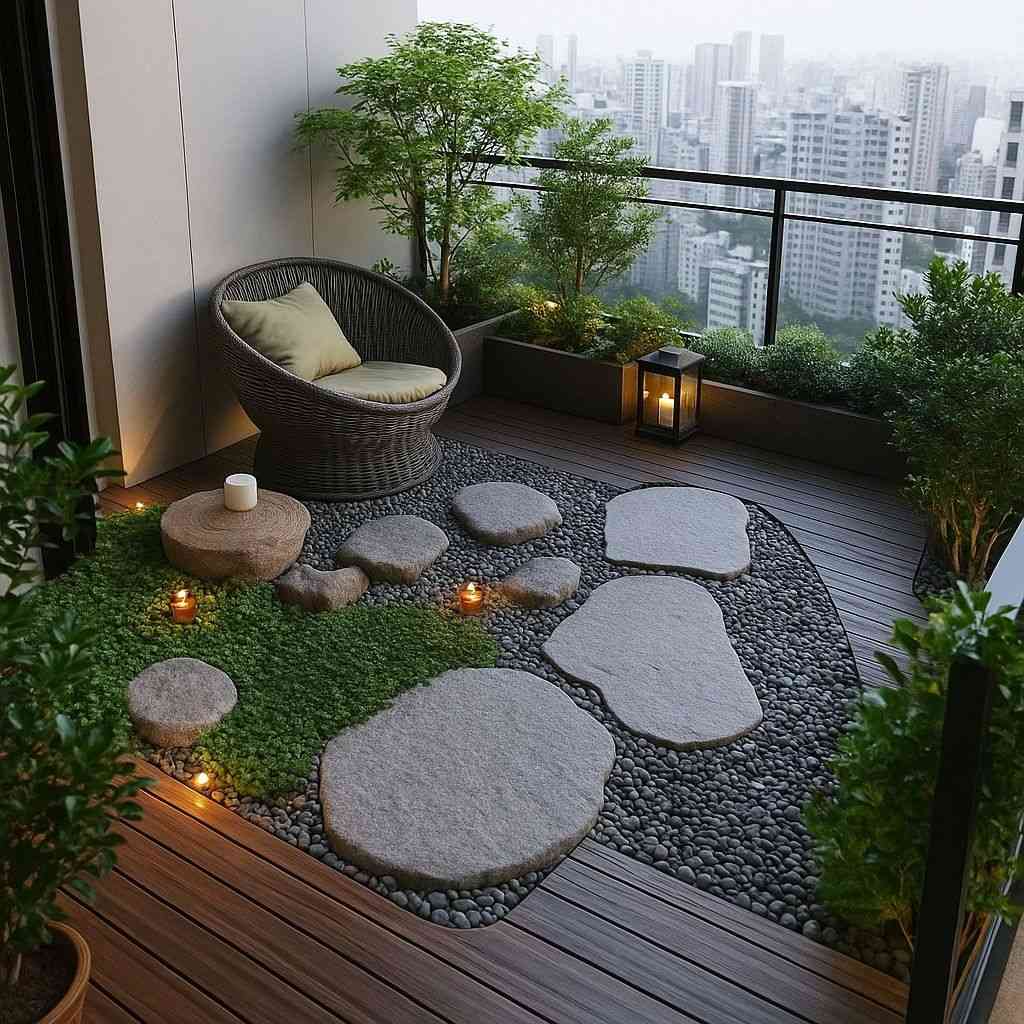 Góc Đọc Sách Trong Vườn – Nơi Thư Thái Giữa Cuộc Sống Bộn Bề 2 Góc đọc sách ban công với cây xanh và đá sỏi trang trí