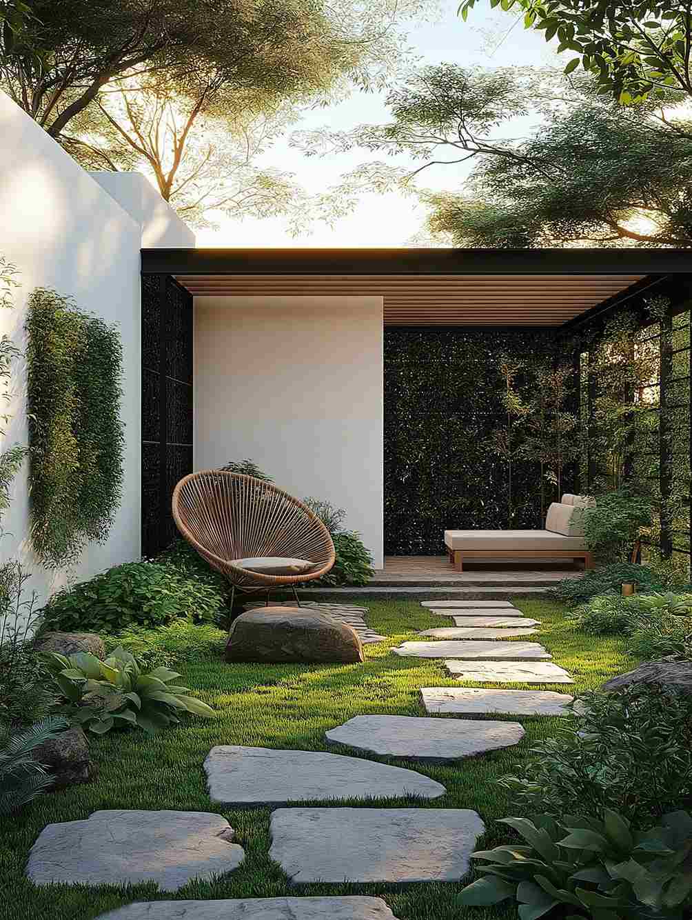 Góc Đọc Sách Trong Vườn – Nơi Thư Thái Giữa Cuộc Sống Bộn Bề 4 Góc đọc sách trong vườn tối giản với lối đi đá và cây xanh